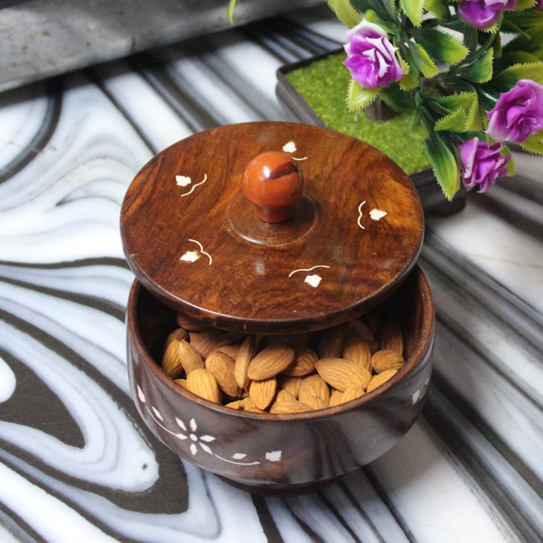 WOOD CAFE Jars Sheesham Wooden Handcrafted Box Pot Handmade White Working Serving Bowl with Lid for Dry Fruits, Serving Sweets,